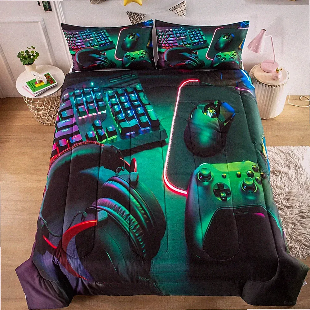 3 PCS Gamer Comforter Bedding Set Twin Video Game Bedspread Controller Decor