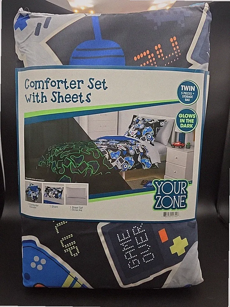 5-Piece Gamer Bedding Set Kids with Fabric Storage Bag Twin Glow in the Dark