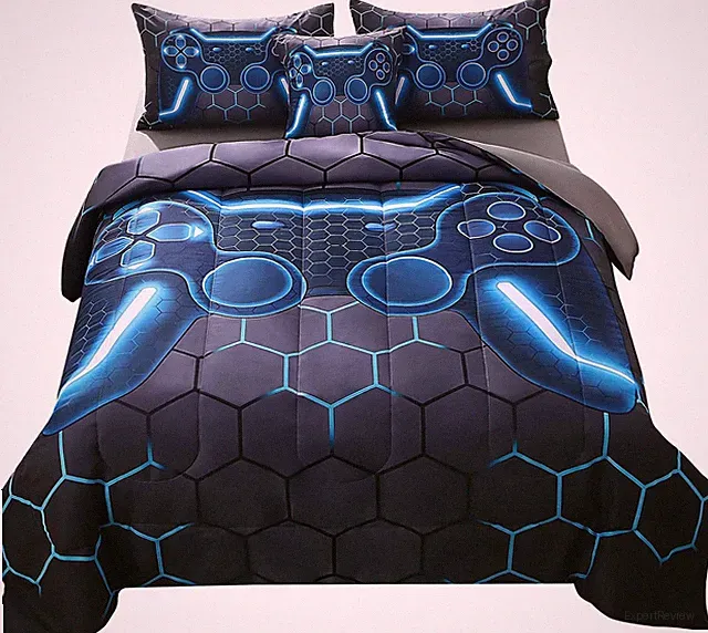 6-Piece Queen Gamer Comforter Set - 3D Video Game Bedding, Blue Controller