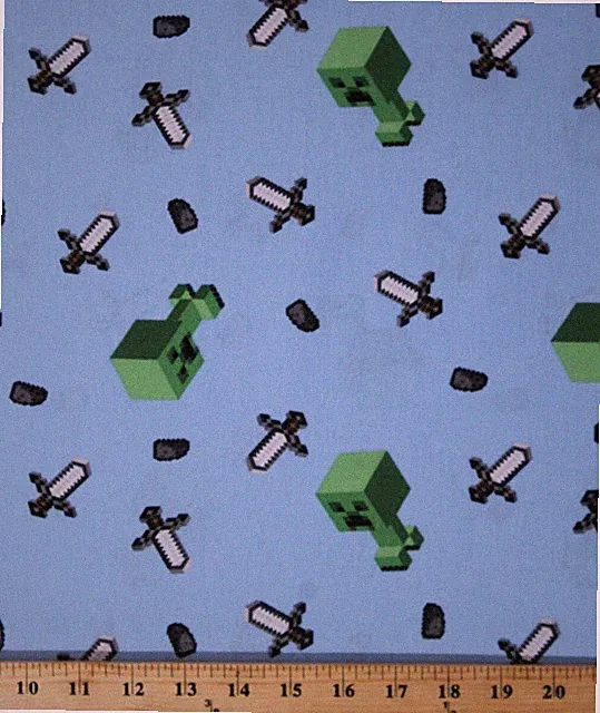 Cotton Minecraft Video Game Creepers Swords Fabric Print by the Yard D301.42