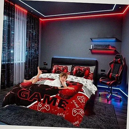 Game Consoles Duvet Cover Set Twin Size,3D Twin (no Comforter) Black Gray Red