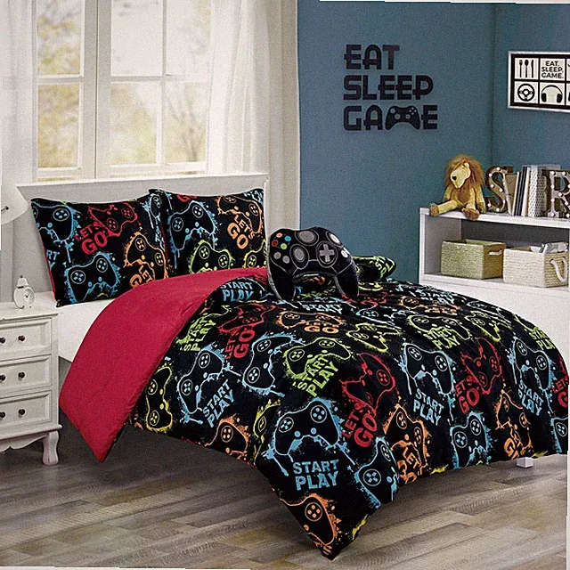 Gamer Bedding Video Games Kids Teens Boys Comforter Set w/ Gamepad Throw Pillow