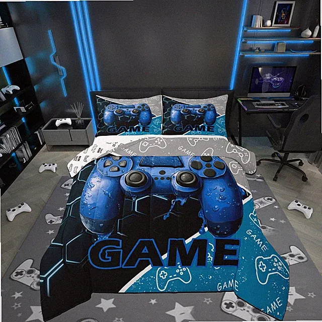 Gaming Boys Comforter Set Twin Size,Blue Video Game Consoles Gamepad Reversib...