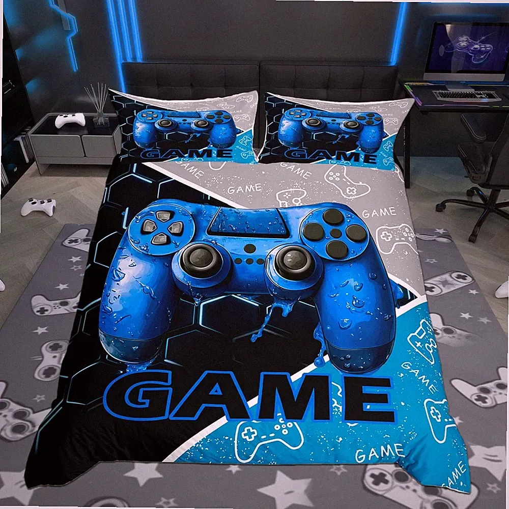 Gaming Boys Duvet Cover Queen Size,Blue Video Game Consoles Gamepad Polyetser...
