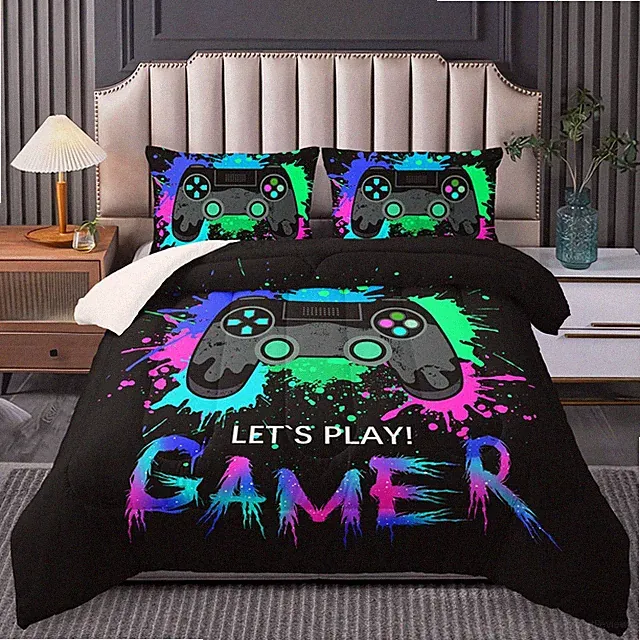 Gaming Comforter Set Twin Size - Boys' Video Game Bedding, Gamer Quilt & Pillow