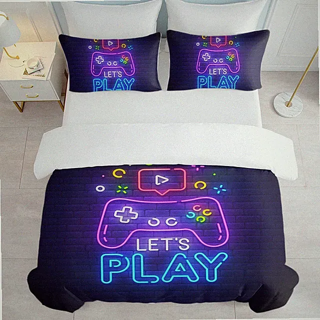 Gaming Duvet Cover Set Video Game Controller Bedding Boys Kids Queen King Black