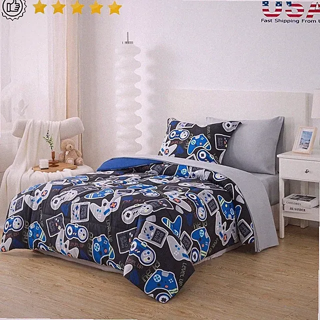 Glow in Dark Gamer Bedding Set 5 Piece Reversible Comforter Kids Storage Bag New