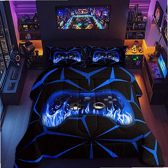 Kids Gamer Comforter Set Twin Size - 3D Geometric Video Game Console - Blue