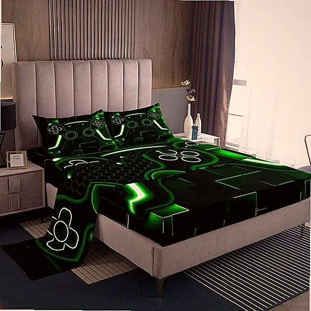 (LOT 2) EROSEBRIDAL GAMER TWIN BED SHEET SET VIDEO GAME GREEN BLACK