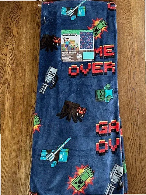 Minecraft Soft Plush Throw Blanket 50" X 70" GAME OVER NEW Blanket Blue