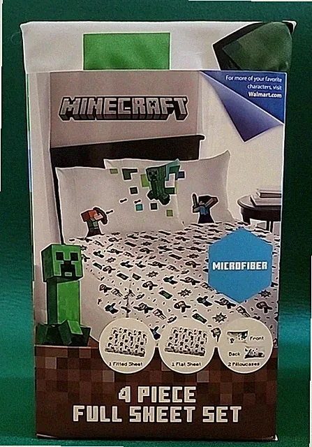 NEW Minecraft Game Bed Sheet 4pc Set: Flat, Fitted, Pillowcases, Full Size
