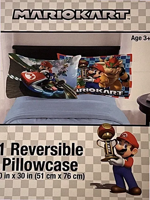 Nintendo Mario Kart Race Reversible Pillowcase Super Mario 20in x30in.