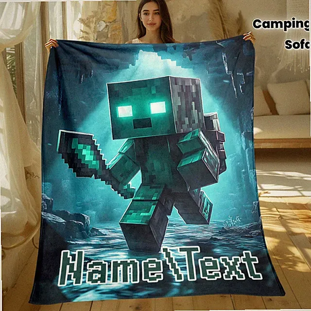 Retro Video Game Pixel Art Blanket with Custom NameText & Sword for Man Design