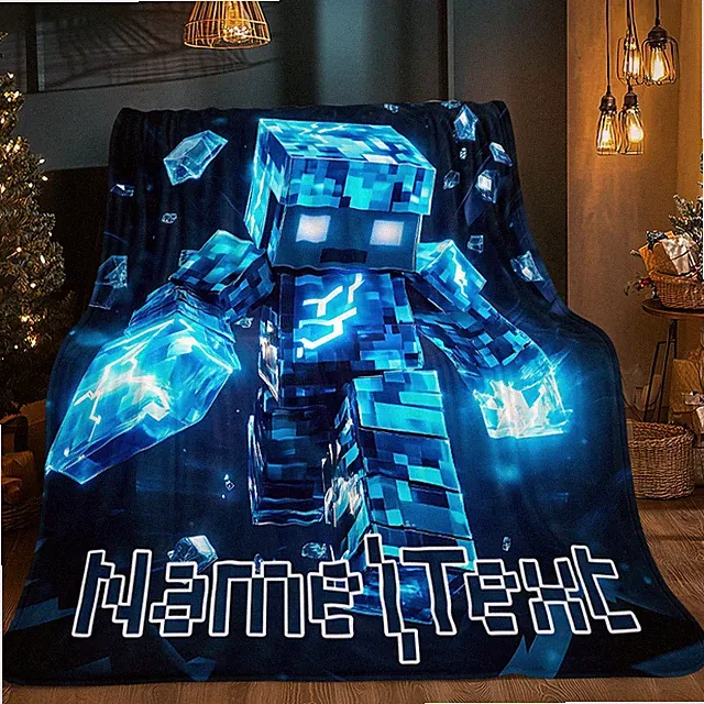 Retro Video Game Pixel Blanket - Custom NameText & Number - Soft Flannel Bedsp