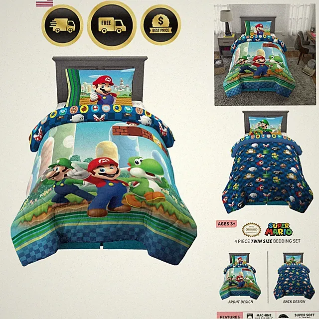 Super Mario Kids Bedding Twin Size Reversible Comforter Sheet Set Microfiber
