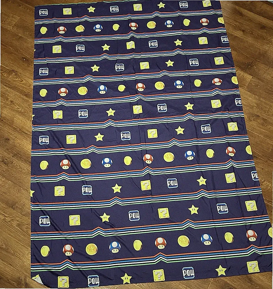 Super Mario Twin Flat Sheet Blue Video Game Bedding Coins Stars Mushrooms POW