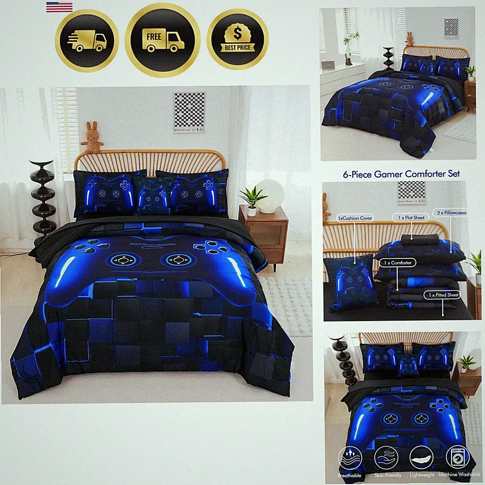 Twin Size Bed in A Bag Gamer Bedding Set for Boys Blue Video Game Comforter