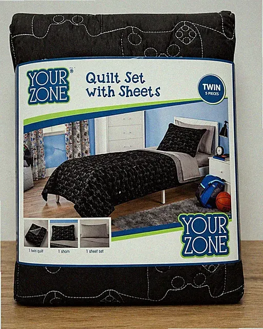 Your Zone Twin Quilt Set 5 Piece w/ Sheets Black Gaming Controller Bedding NEW